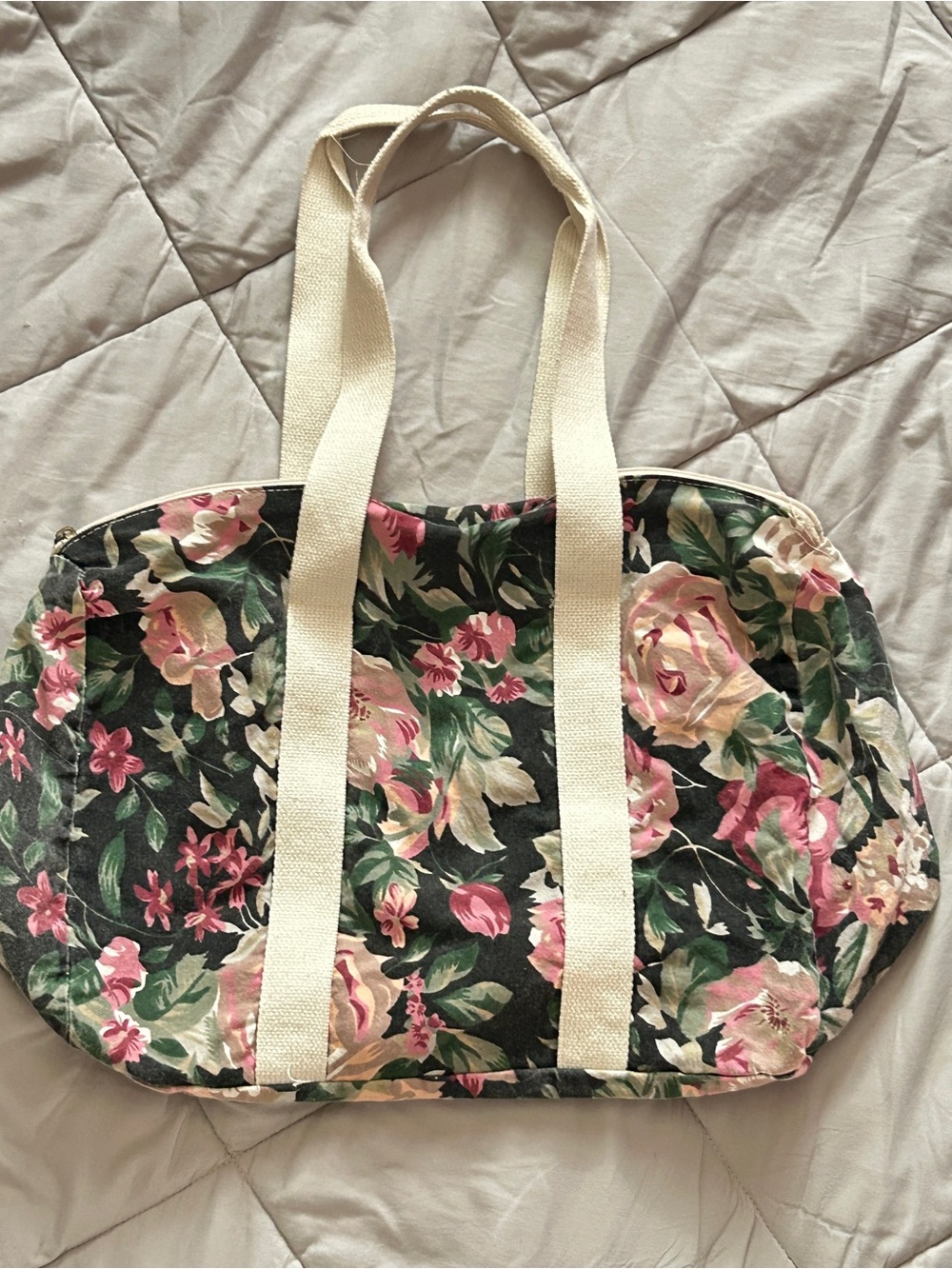 VINTAGE AVON Floral Canvas Tote Bag with Contrast Straps - Pink & Green